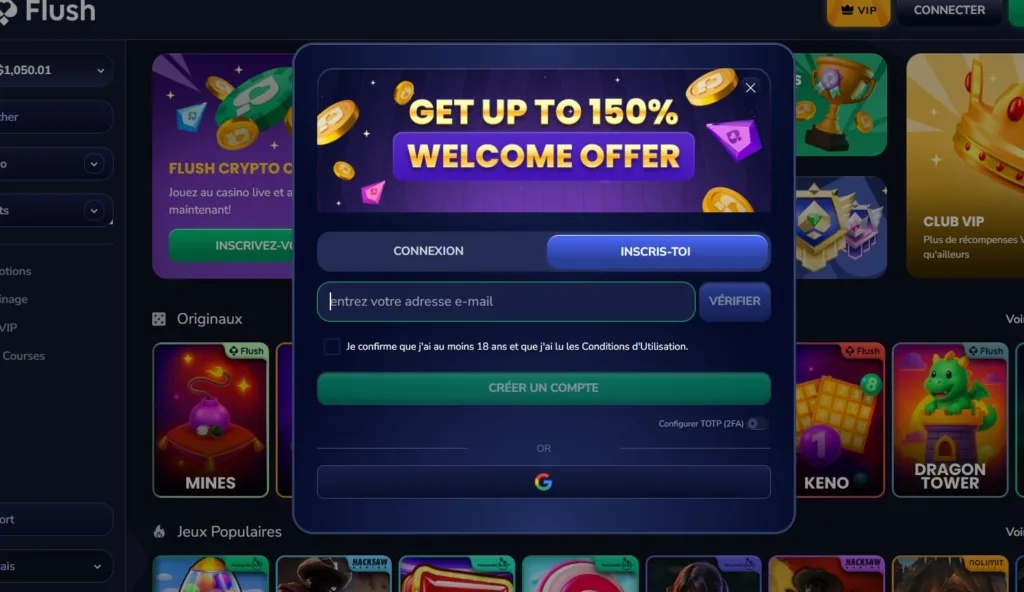 1-insciption-1024x592 Flush Casino Avis 2025 : Bonus jusqu’à 150 % au 1er dépôt