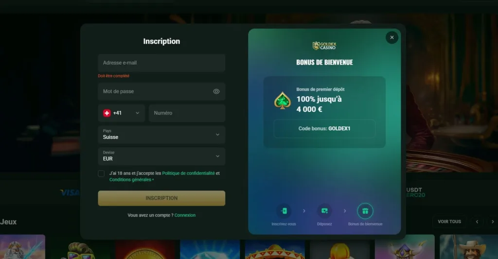 inscription-10-1024x533 Goldex Casino Avis 2025 : Bonus jusqu’à 38 000 €/$ + Crypto