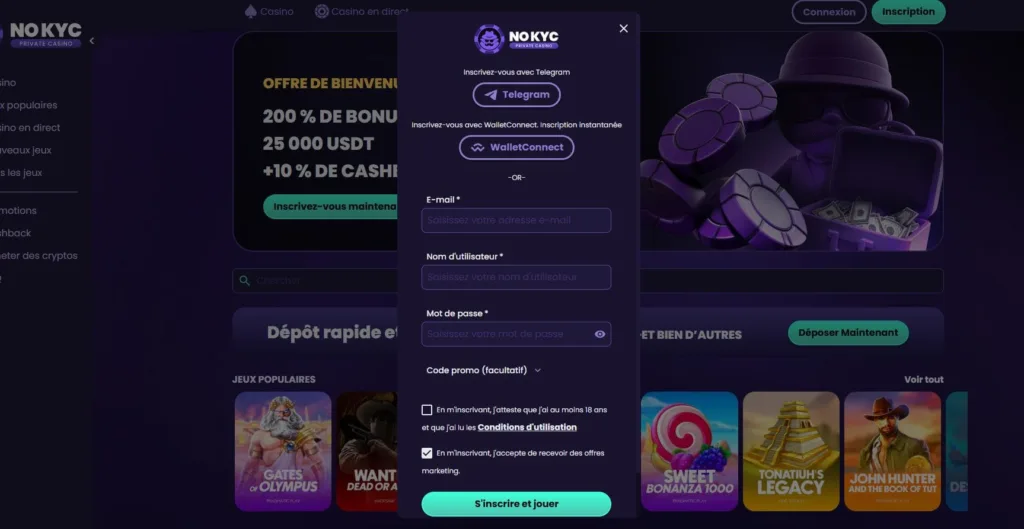 inscription-11-1024x529 No KYC Casino Avis 2025 : Bonus 25 000 USDT + 10 % Cashback