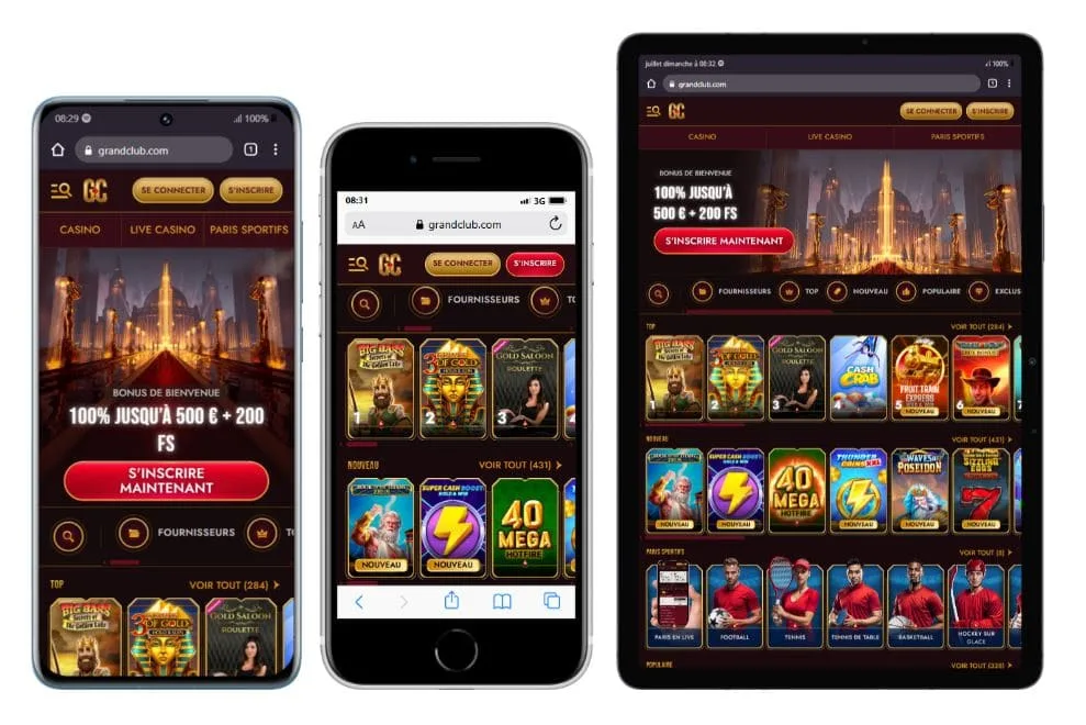 mobile Grand Club Casino Avis 2025 - Bonus 500€ + 200FS + 1BC