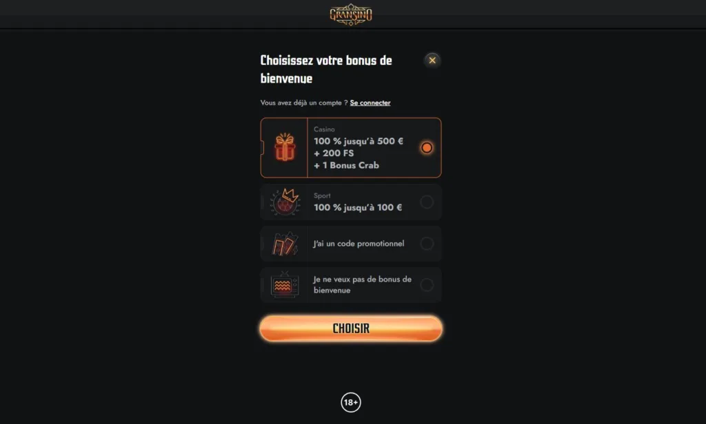 Inscription-2-1024x616 Gransino Casino Avis 2025 : Bonus 100% jusqu'à 500€ + 200 FS