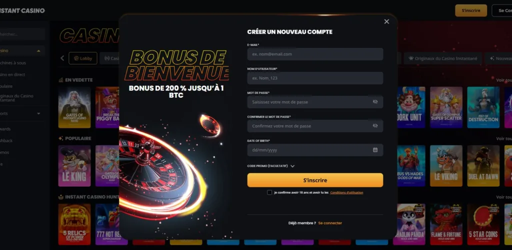 inscription-1-1024x501 Instant Casino Avis 2025 - Bonus jusqu'à 7 500 € + Cashback