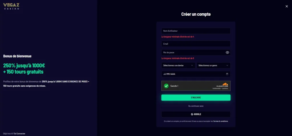 inscription-6-1024x478 Vegaz Casino Avis 2025 : Bonus jusqu’à 1000 € Sans Wagering