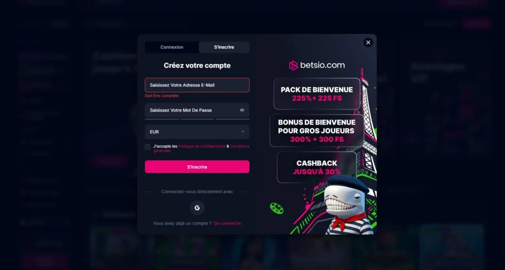 inscription-7-1024x549 Avis Betsio Casino 2025 : Bonus jusqu’à 11 500 € + 225 FS