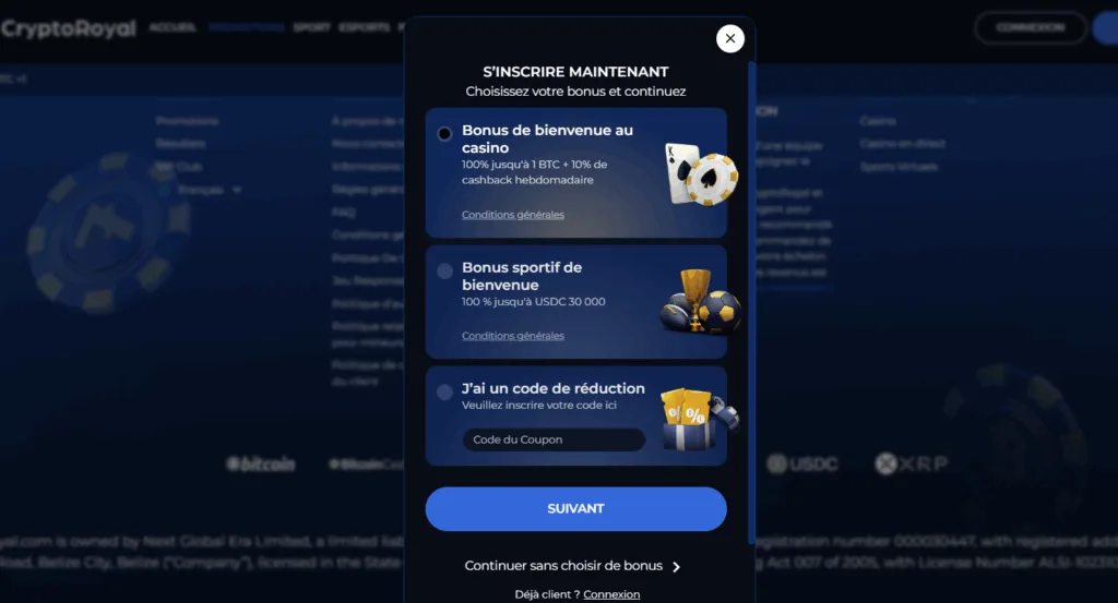 Inscription-2-1024x553 Crypto Royal Casino Avis 2025 | Bonus 1 BTC + 10 % Cashback