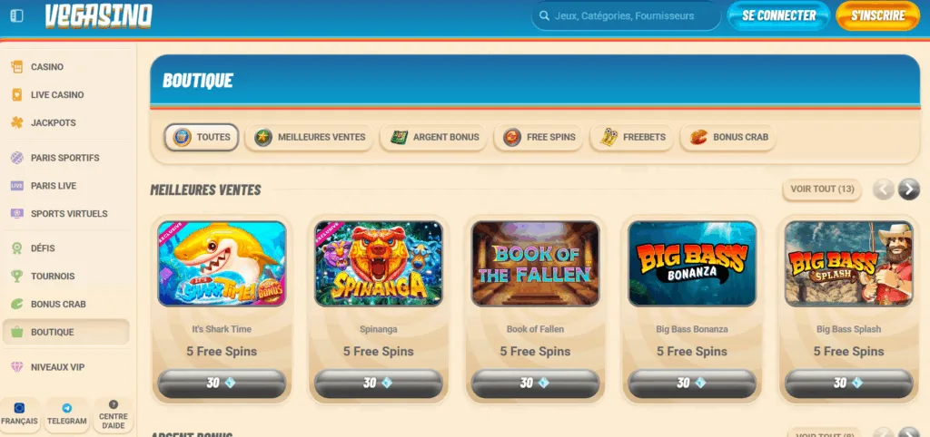 boutique-1024x482 Avis Vegasino Casino : Bonus jusqu’à 500 € + 200 FS + 1 BC