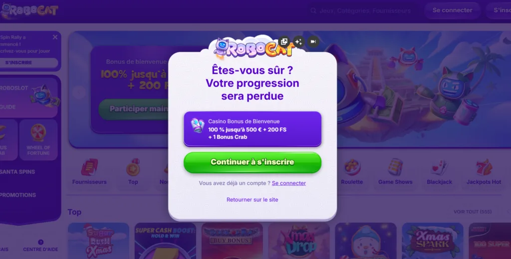 inscription-1024x520 Avis Robocat Casino 2026 : Bonus 500 € + 200 + 1 bonus crab