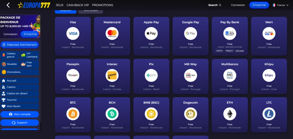 paiements-3-1024x489 Europa777 Casino Avis 2026 | Bonus jusqu’à 8 000 € + 400 TG