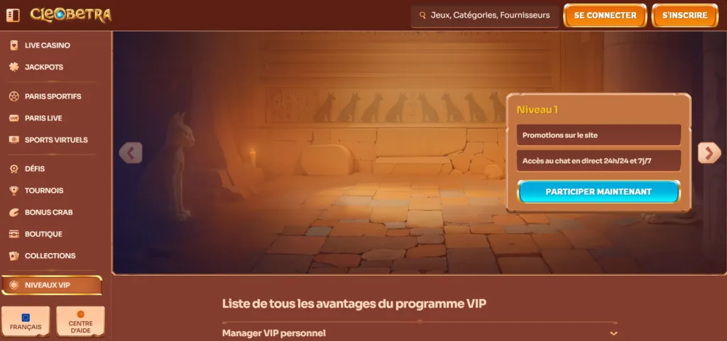 vip-1-1024x481 Cleobetra Casino Avis 2026 : Bonus jusqu’à 1 000 € + 350 FS