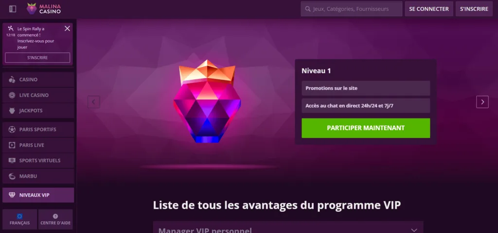 vip-3-1024x480 Malina Casino Avis 2026 : Bonus 500 € + 200FS + 1 bonus crab